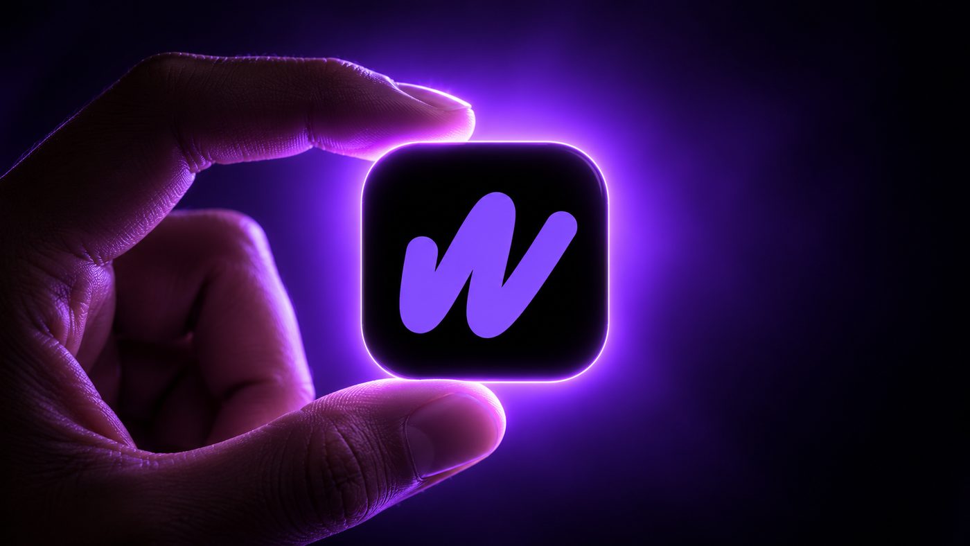 The WhatsCutting app icon held up against a glowing violet background